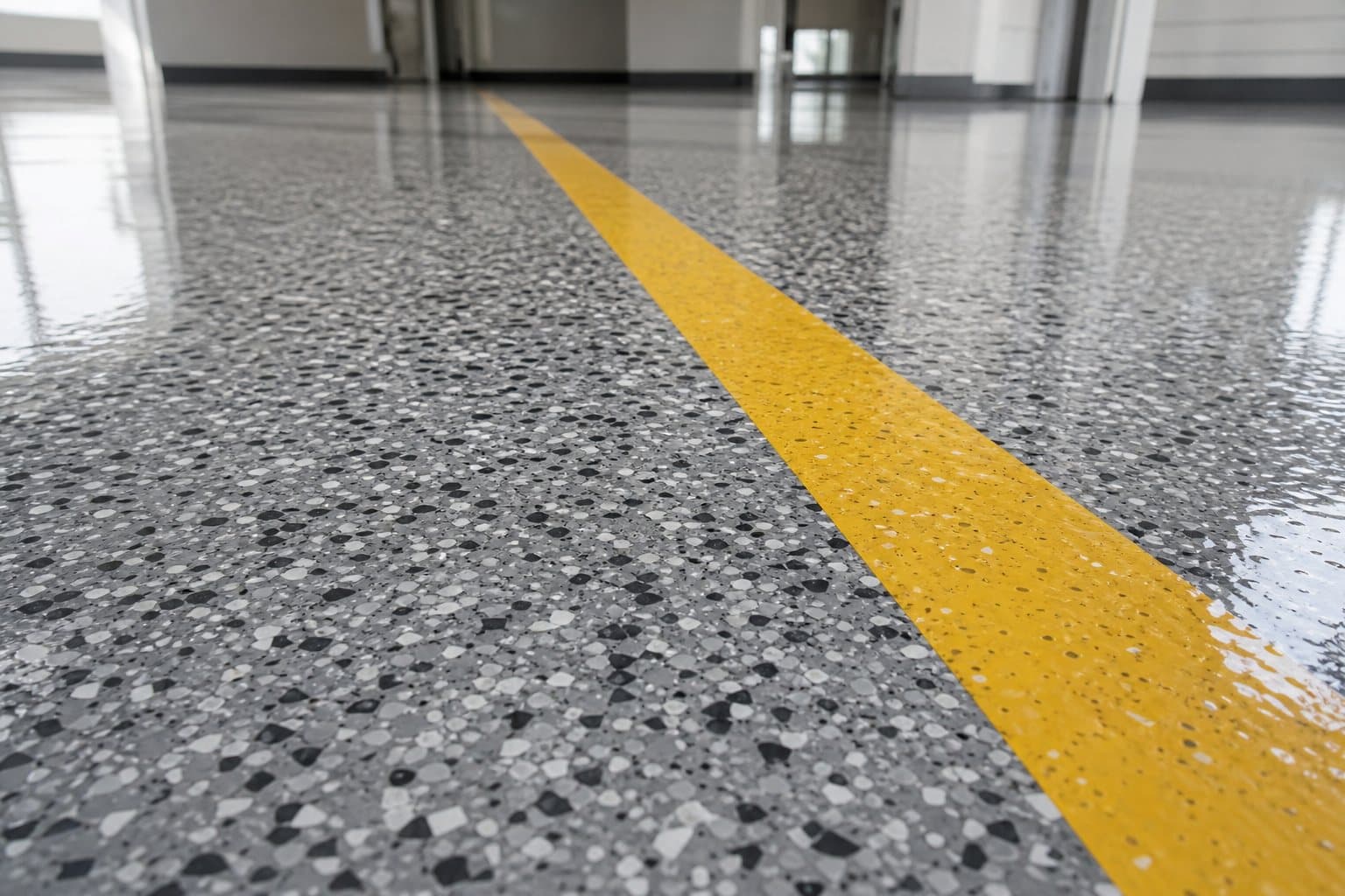 Close-up of a flake floor coating with a yellow safety line
