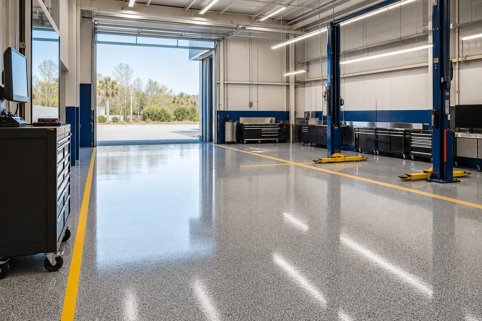 Coated auto service bay floor with yellow safety lines